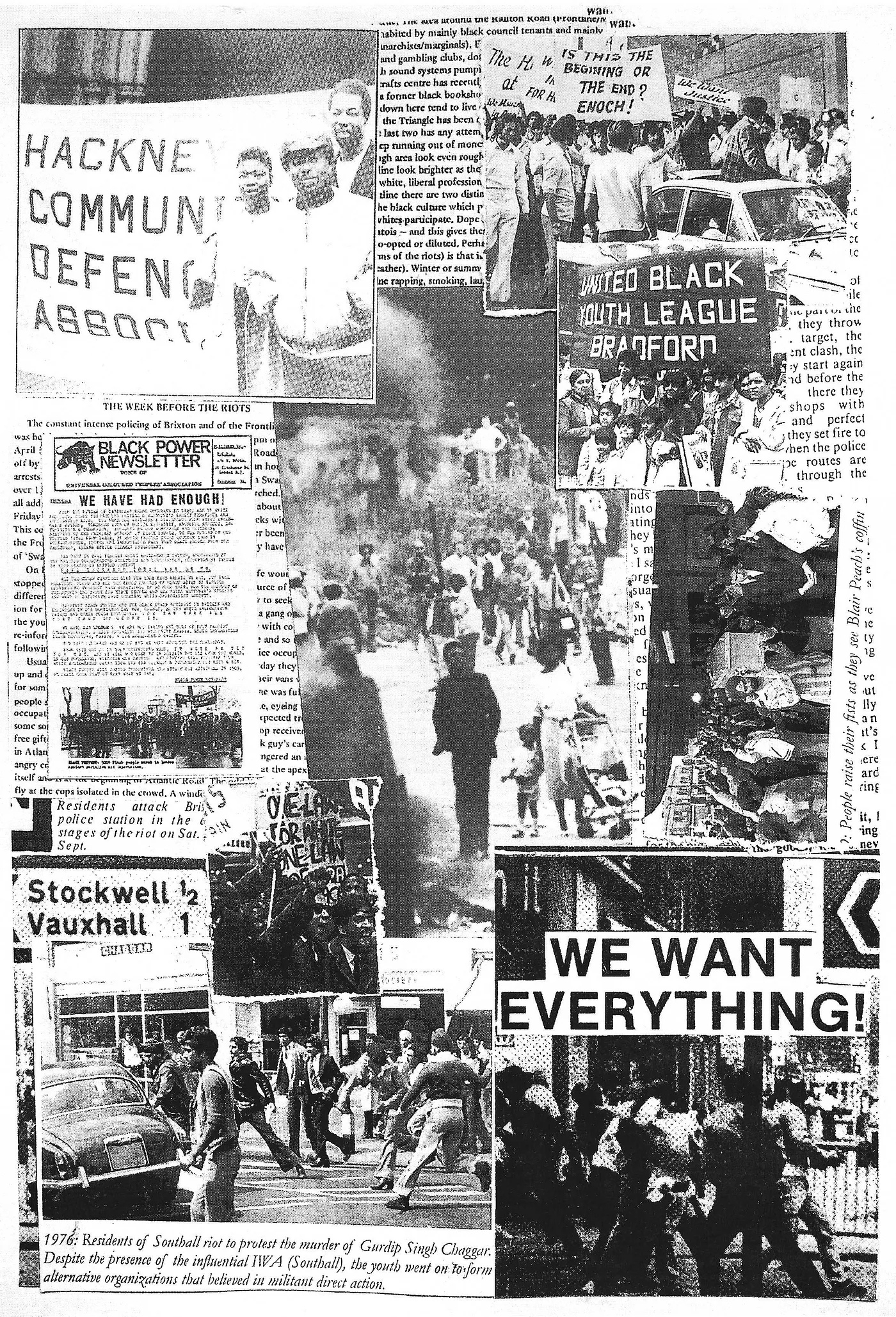 Black and white collage of pasted together newspaper articles and photos about community defence and organising.